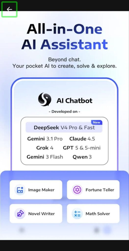 Mobile app screen promoting an “All‑in‑One AI Assistant” chatbot built on multiple models with tools for images, fortune telling, writing, and math.