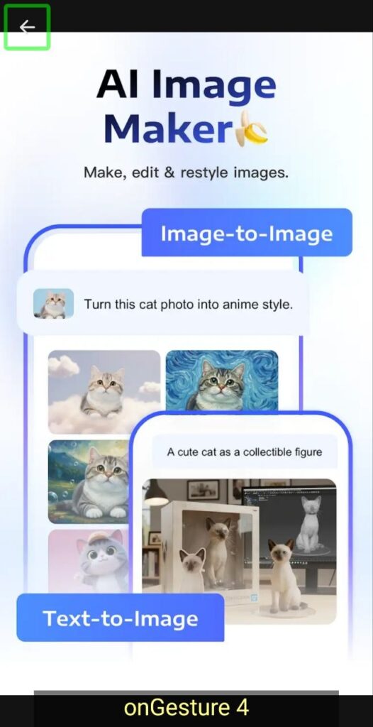 Mobile app screen showing an “AI Image Maker” with image-to-image and text-to-image cat examples.