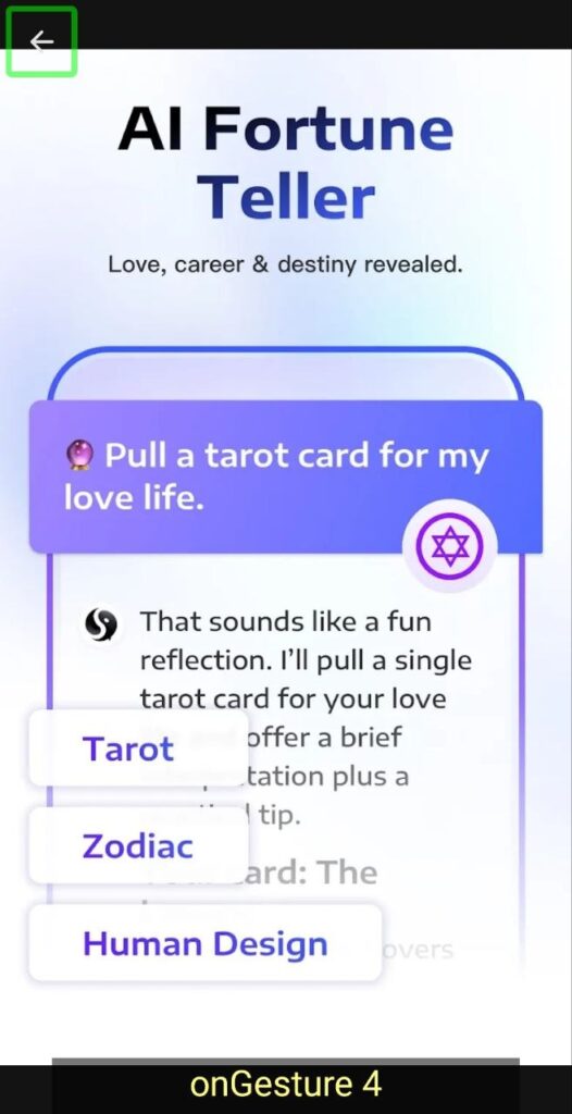 Mobile app screen showing an “AI Fortune Teller” feature with tarot, zodiac, and human design options.