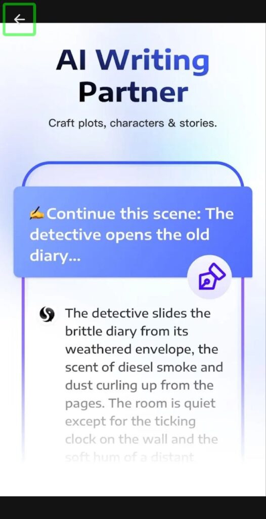 Mobile app screen showing an “AI Writing Partner” feature with a sample detective story prompt and text.